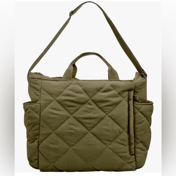 Handbags - Quilted Olive Green Tote Bag - Lightweight Shoulder & Hand Carry